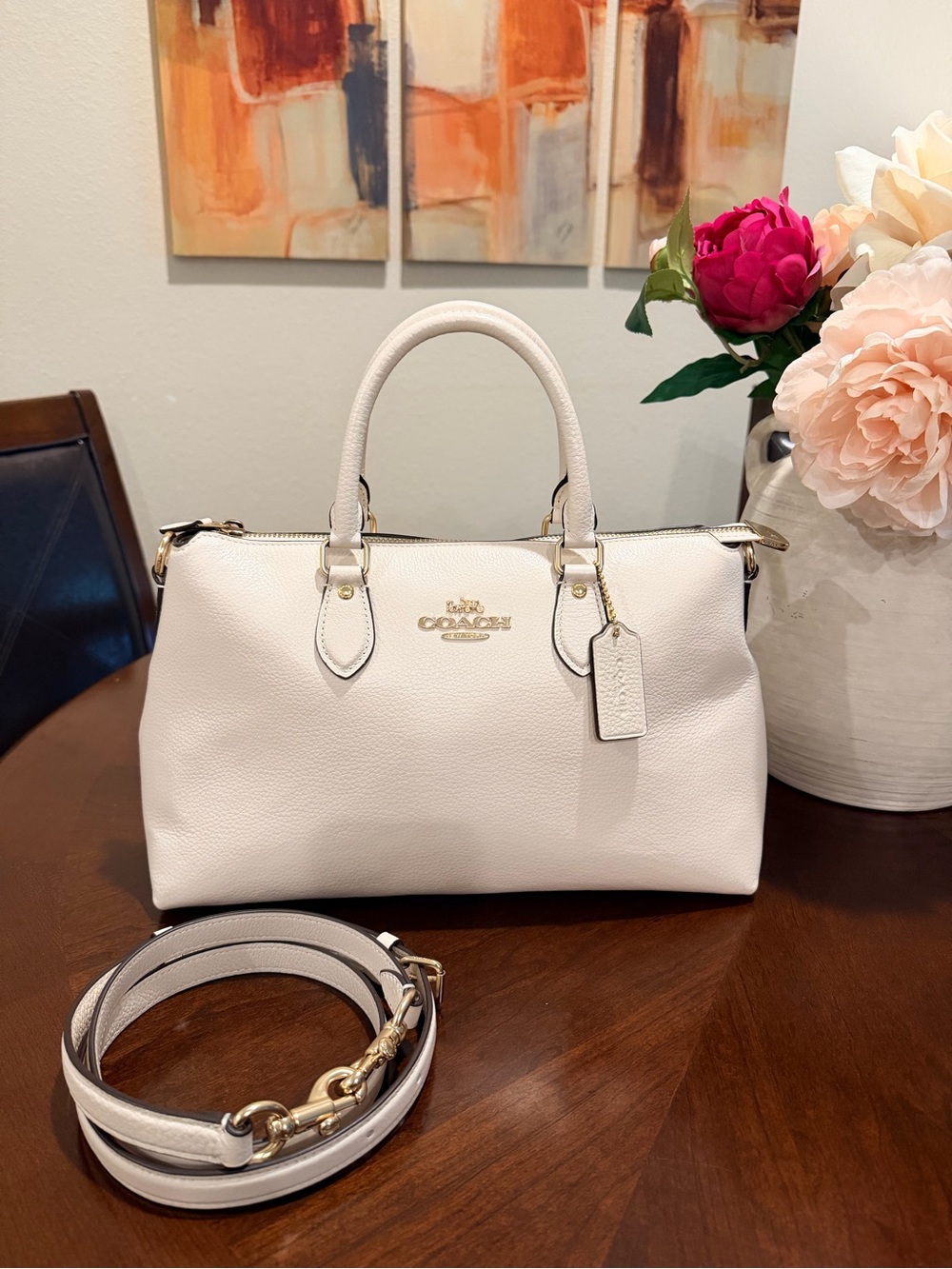 Coach Georgia Leather Satchel in Chalk with Gold Hardware and Detachable Strap